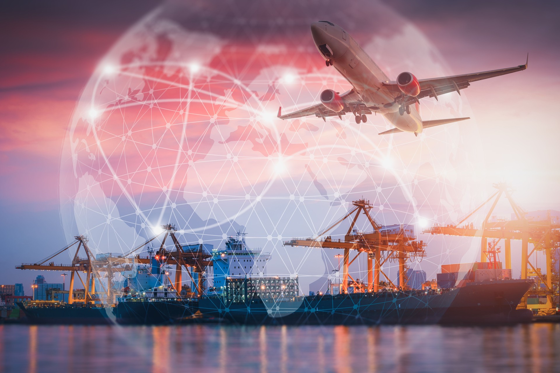 Container Ship Loading Import/Export Freight of Transportation Industry, Transport Crane Lifting Box Containers at Port Cargo Shipping Dock Yard. Logistic Freighting Ship Service of Global Business